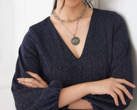 Karen Kane Blouson Sleeve Metallic Knit V-Neck Dress in navy - women's dress - view 5