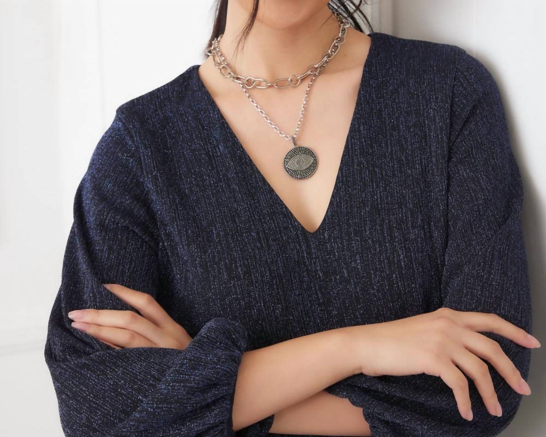 Karen Kane Blouson Sleeve Metallic Knit V-Neck Dress in navy - women's dress - view 5