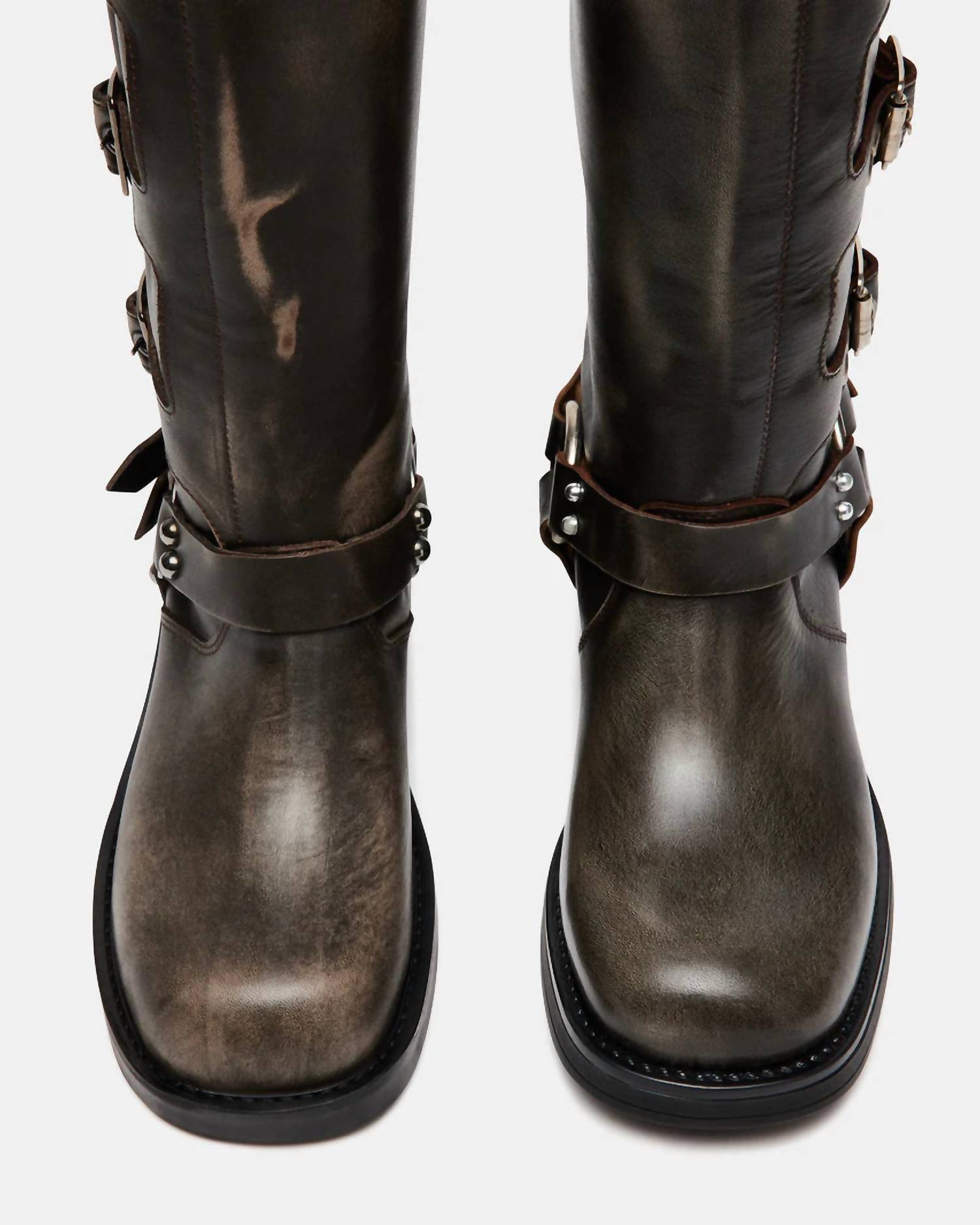 Steve Madden - Women's Rocky Distressed Leather Buckle Hardware Tall Moto Engineer Boots