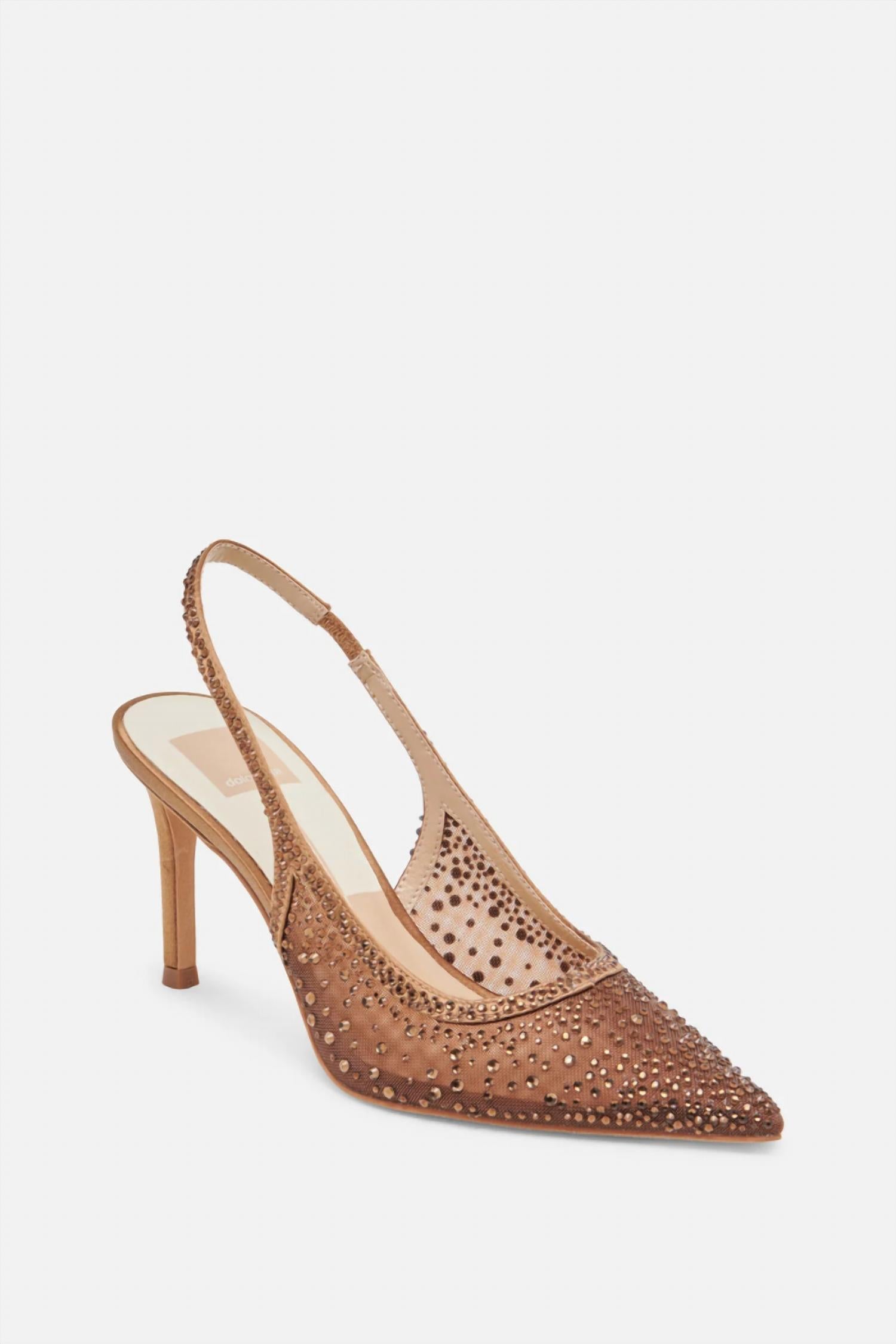 Dolce Vita Women's Kaye Crystal Heels in mid brown mesh - women's heels - detail view