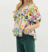 Entro - Floral Smocked Collar Bubble Sleeve Top