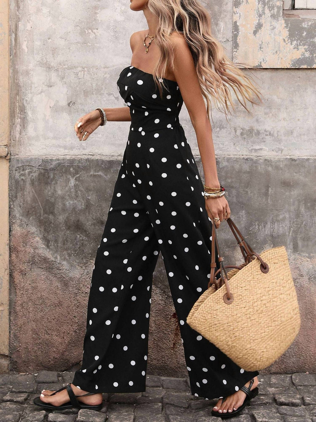 Suhkasana - Polka Dot Strapless Wide Leg Jumpsuit