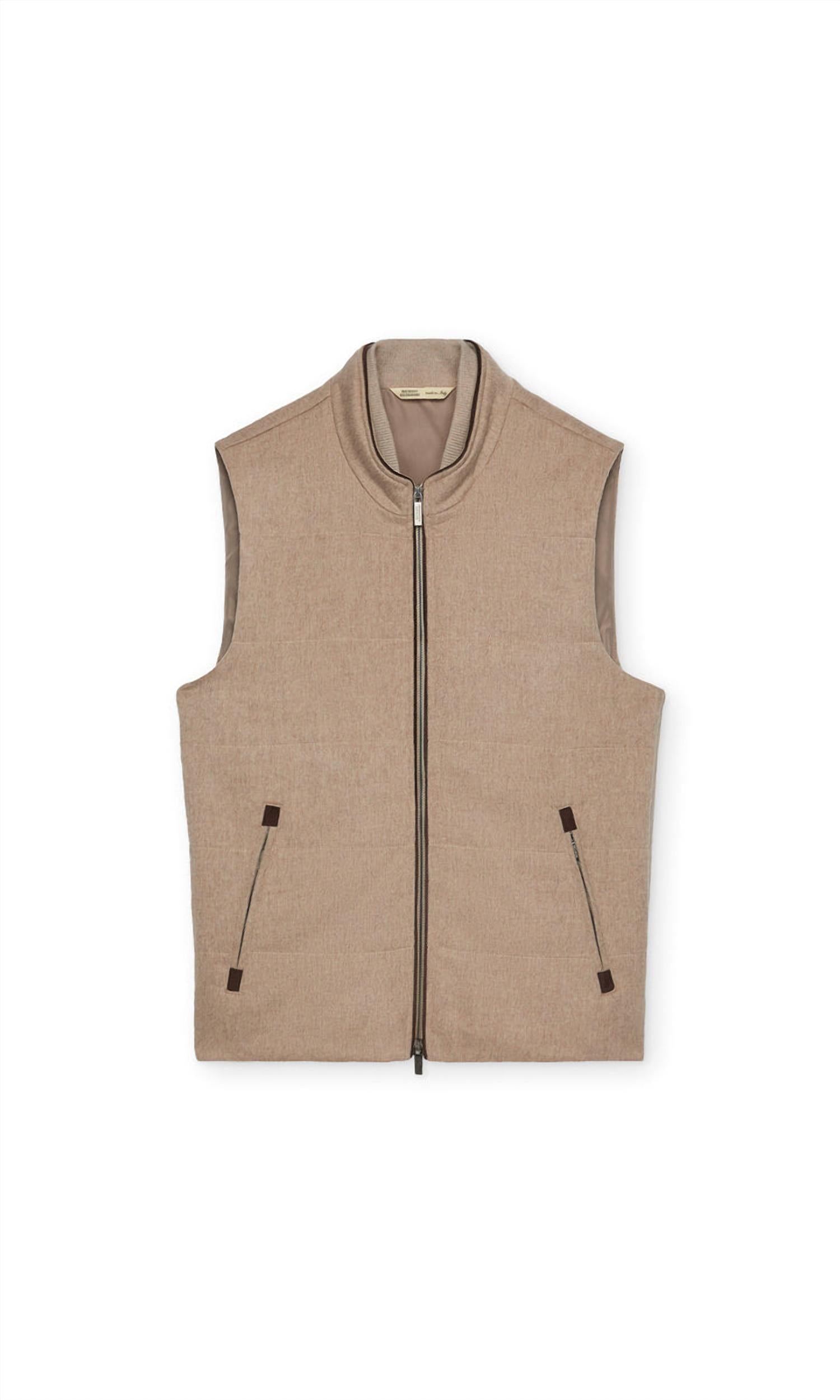 Maurizio Baldassari Arena Travel Vest With Knit Sides in brown sugar - men's jacket - detail view
