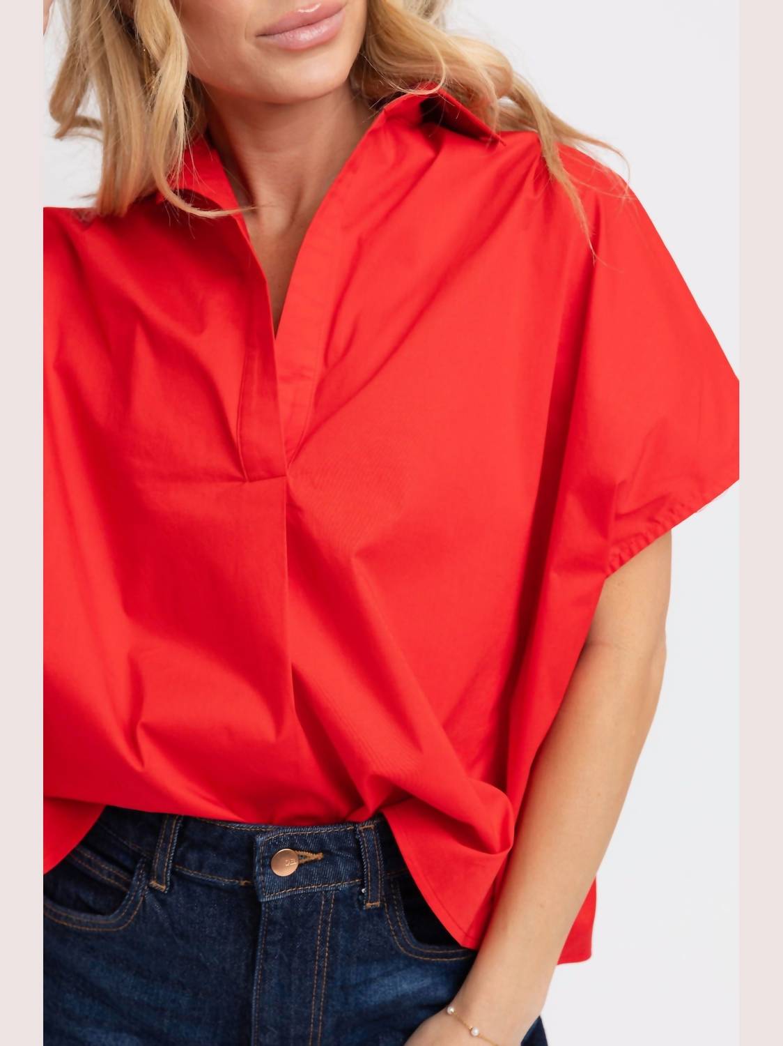 Karlie Poplin V-neck Top in red - women's blouse - alternate view