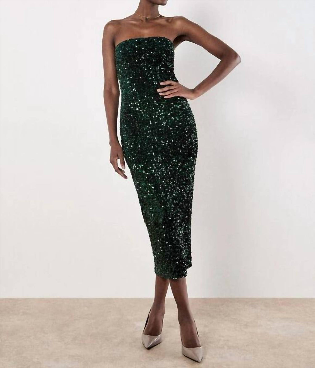 Apricot - Strapless Sequin Midi Dress With Back Slit