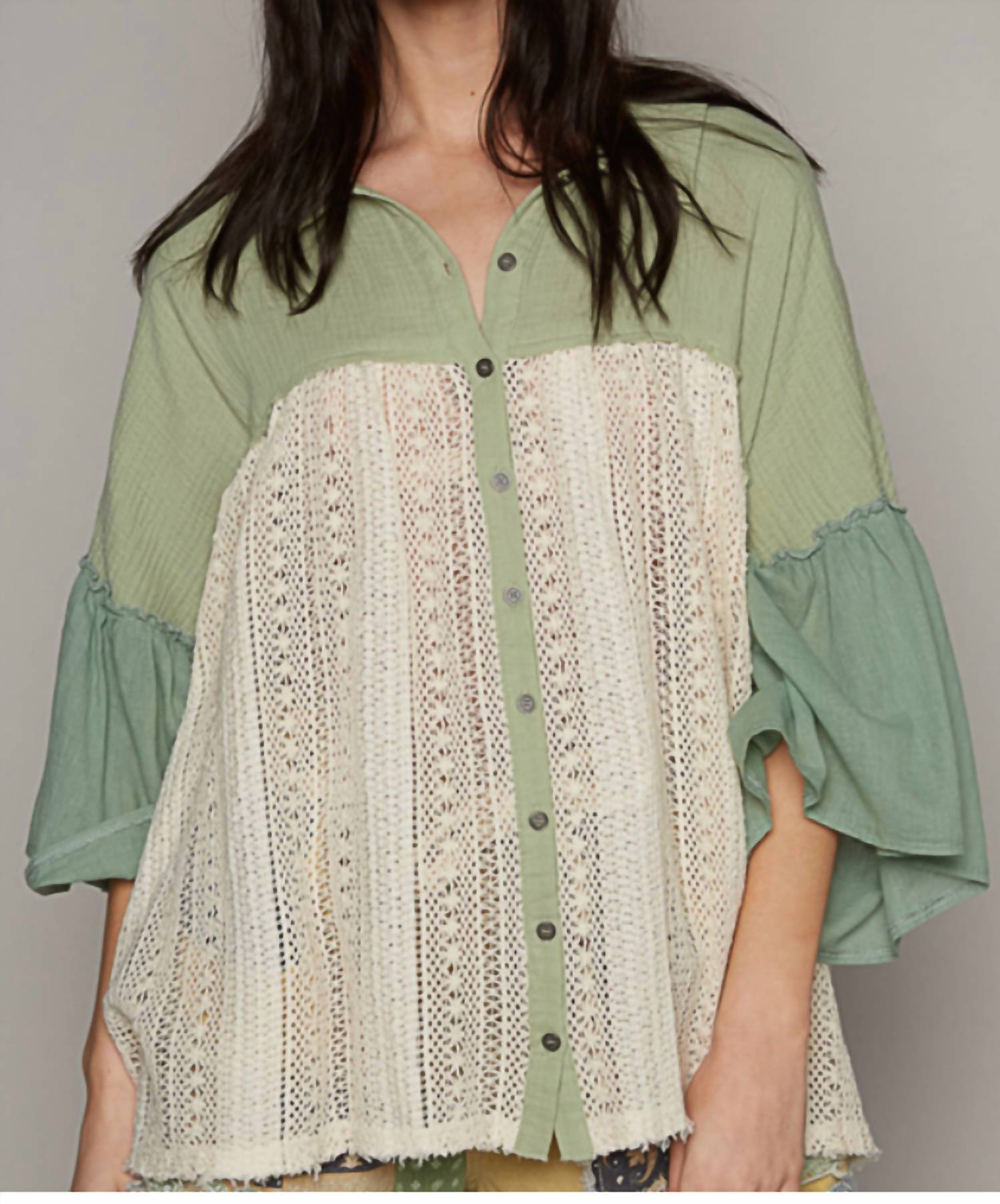 POL Bliss Button-Front Blouse in beige green - women's blouse