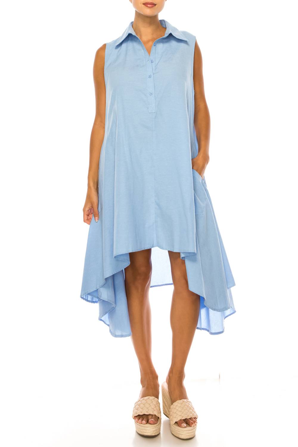 Vivid - Sleeveless Split-neck Uneven Hem Shirt Dress