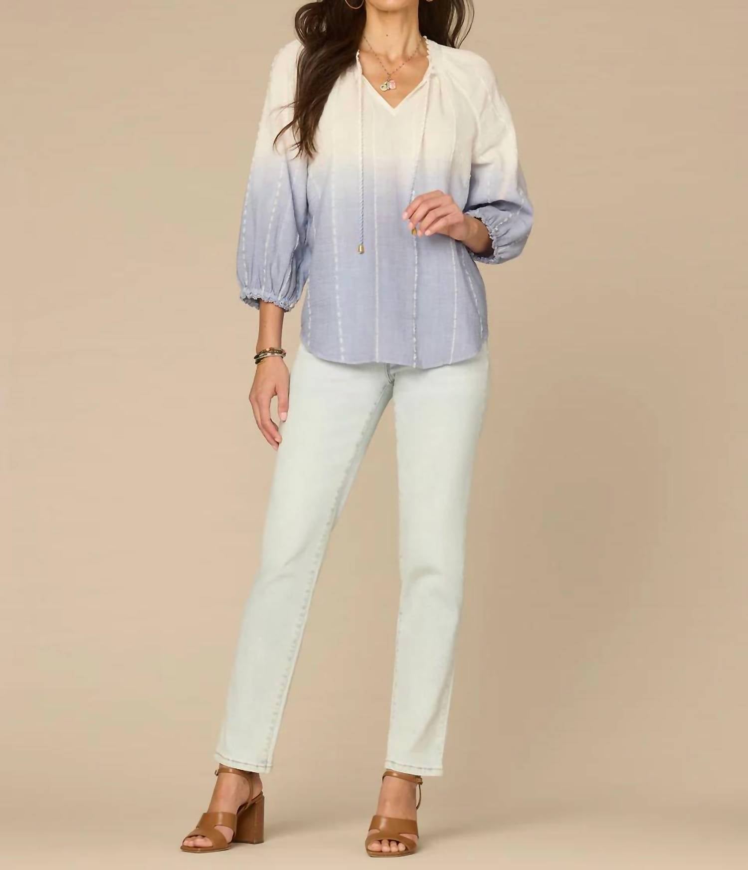 Democracy - Three Quarter Blouson Sleeve Split Neck Ombre Woven Top with Tie