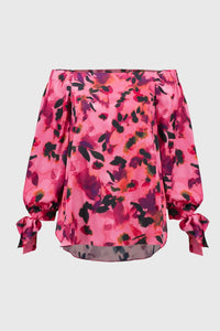 Joseph Ribkoff Senna Satin Floral Print Off Shoulder Top in pink purple black - women's blouse - view 6