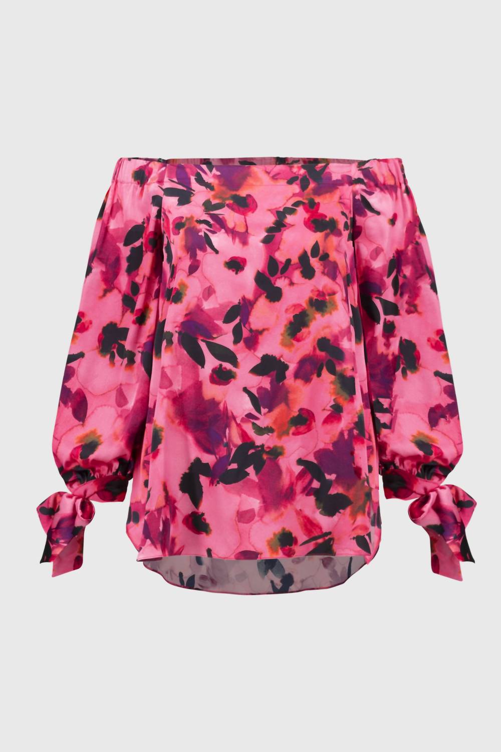 Joseph Ribkoff Senna Satin Floral Print Off Shoulder Top in pink purple black - women's blouse - view 6