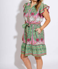umgee Mixed Print Ruffle Sleeve Dress in multi - women's dress - alternate view