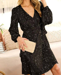 Vine & Love - Long Balloon Sleeve Tie Waist Sequin Dress
