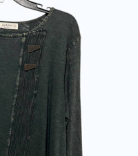 Jess & Jane Women's Mineral Washed Faux Wrap Top in moss green - women's blouse - detail view