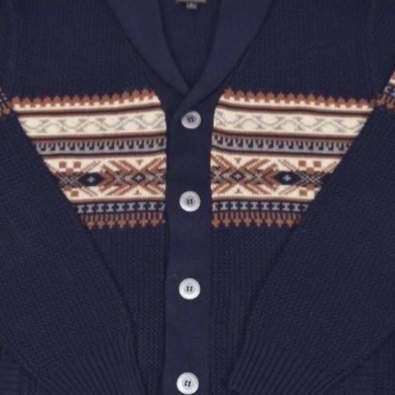 F/X Fusion Men's Button Shawl Aztec Cardigan in navy - men's sweater - detail view
