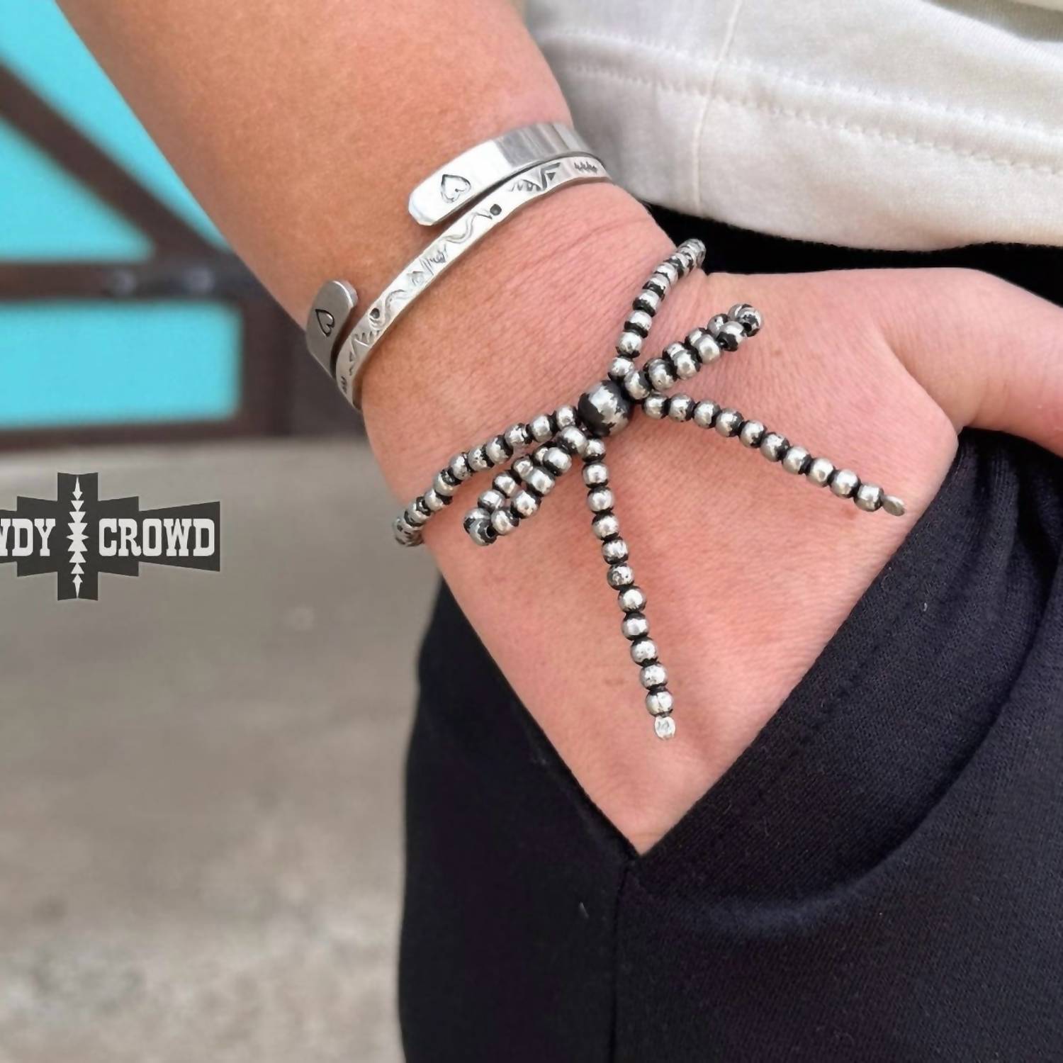 Rowdy Crowd Women's Bow Stretch Bracelet in silver beaded - women's jewelry - detail view