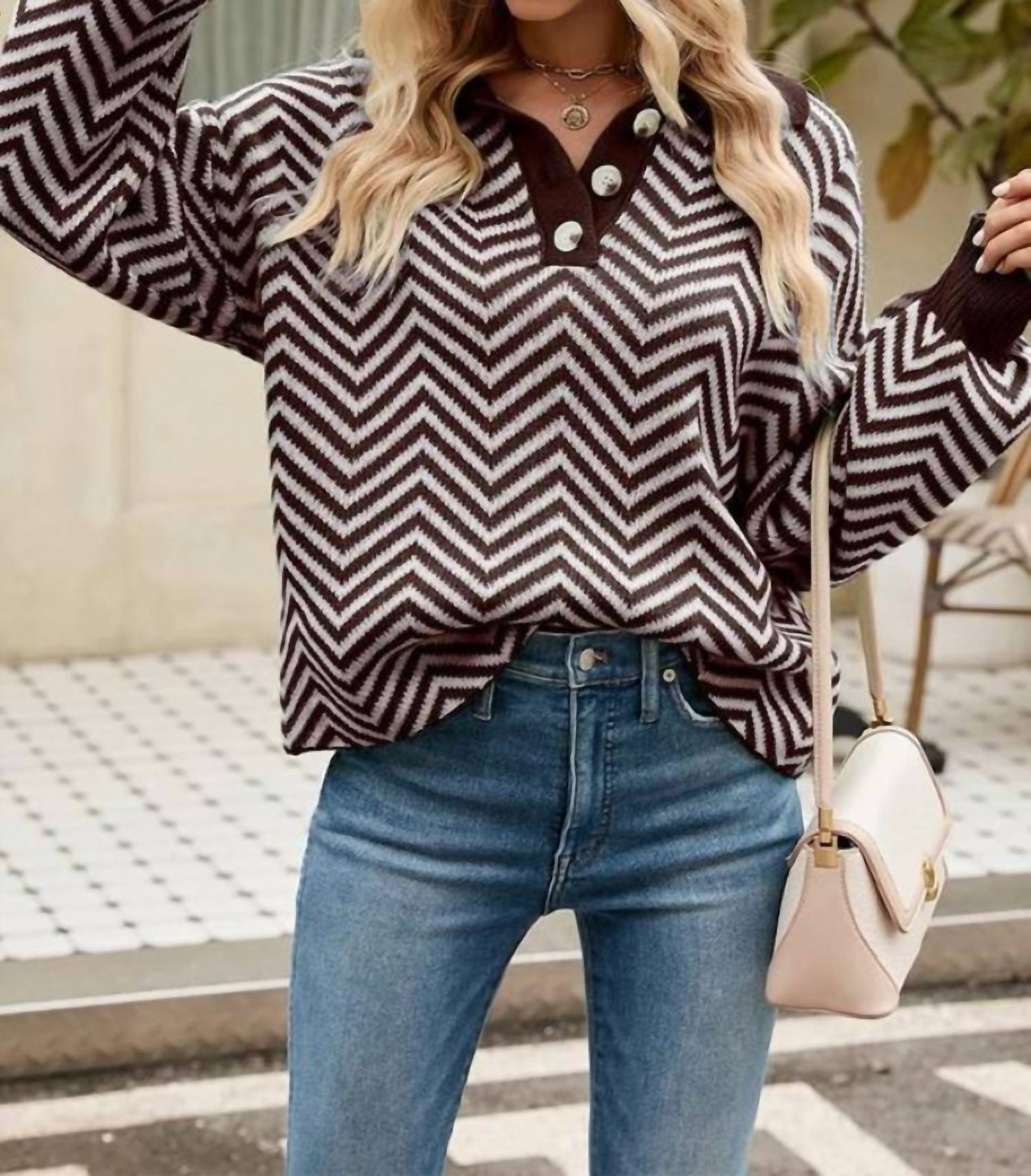 Doublju - V Patterned Button V Neck Jumper