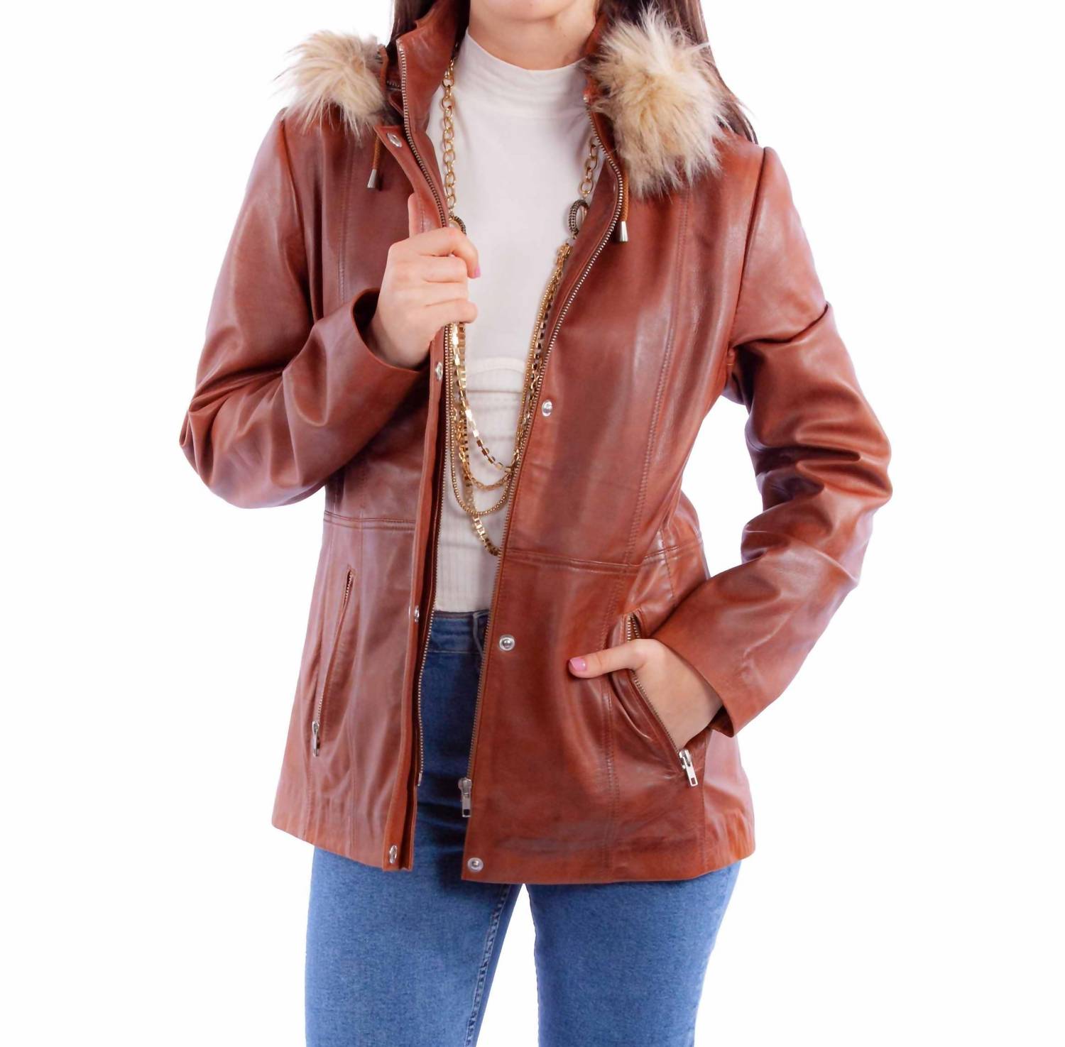 Scully Leather Jacket With Faux Fur Hood in brown - women's jacket