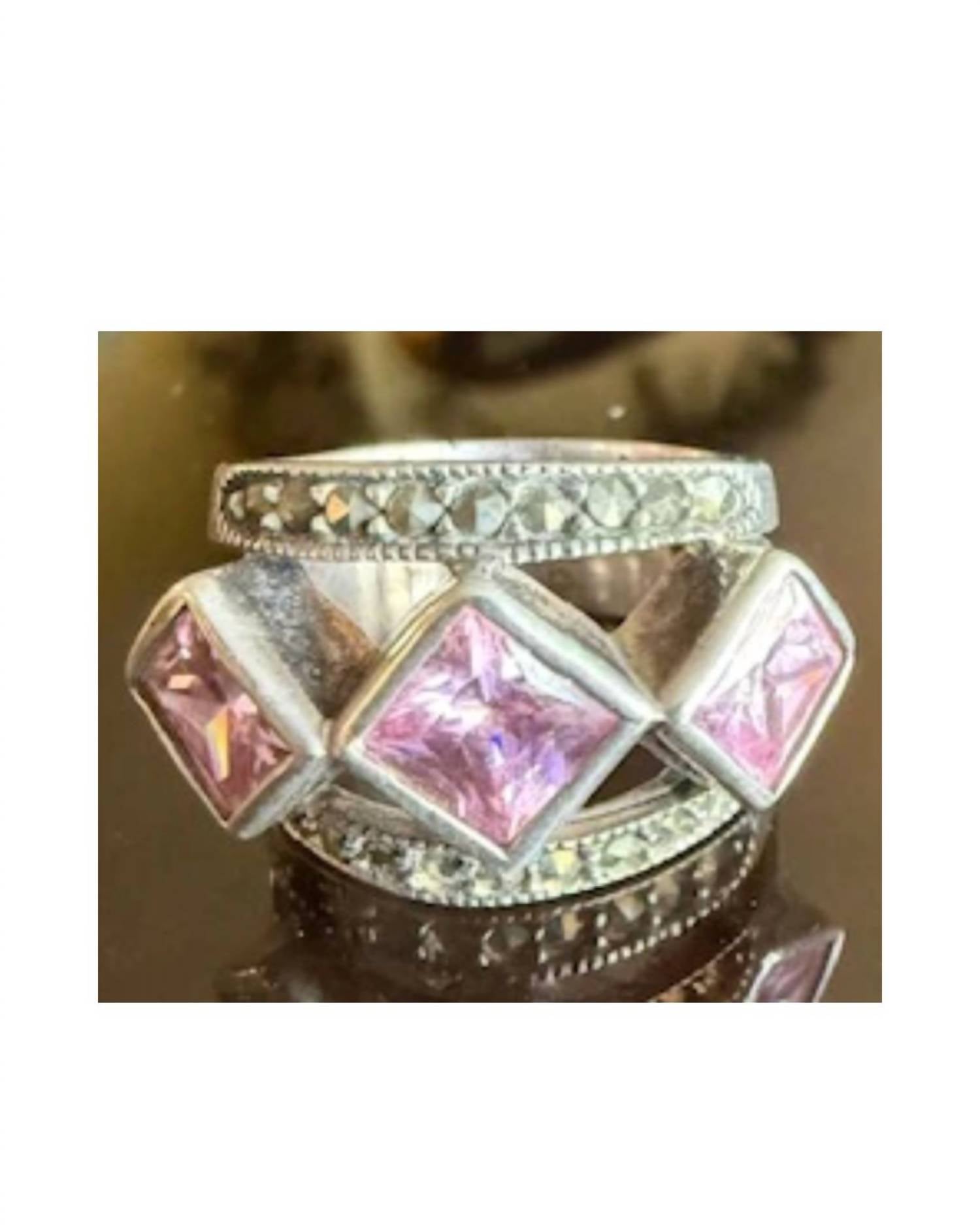 P & K Jewelry Women's Sterling Marcasite 3 Stone Ring in pink silver - women's jewelry - detail view