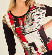 DOLCEZZA Knit Pullover in red black white - women's long sleeve top - detail view