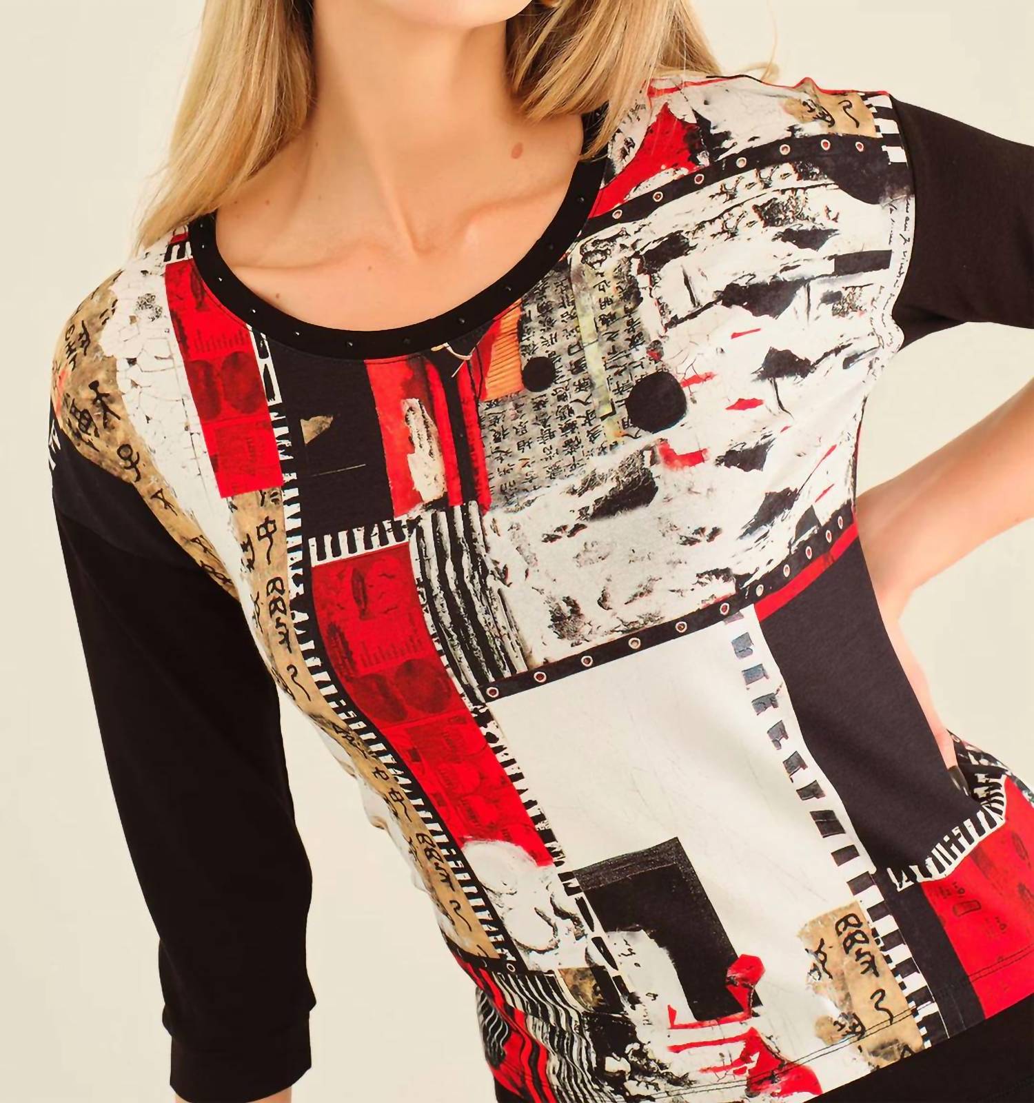 DOLCEZZA Knit Pullover in red black white - women's long sleeve top - detail view