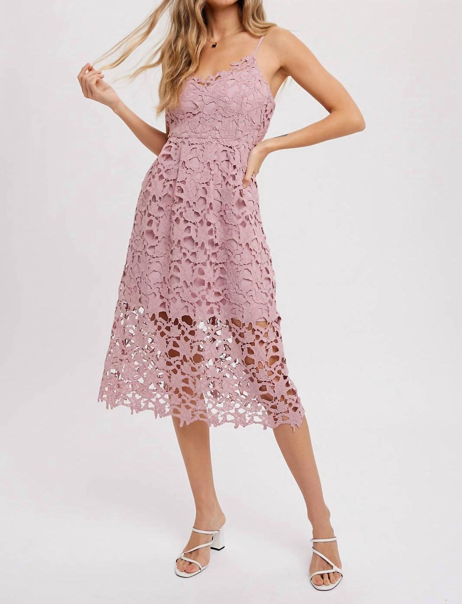 BluIvy Crochet Lace Midi Dress in rose - women's dress - detail view