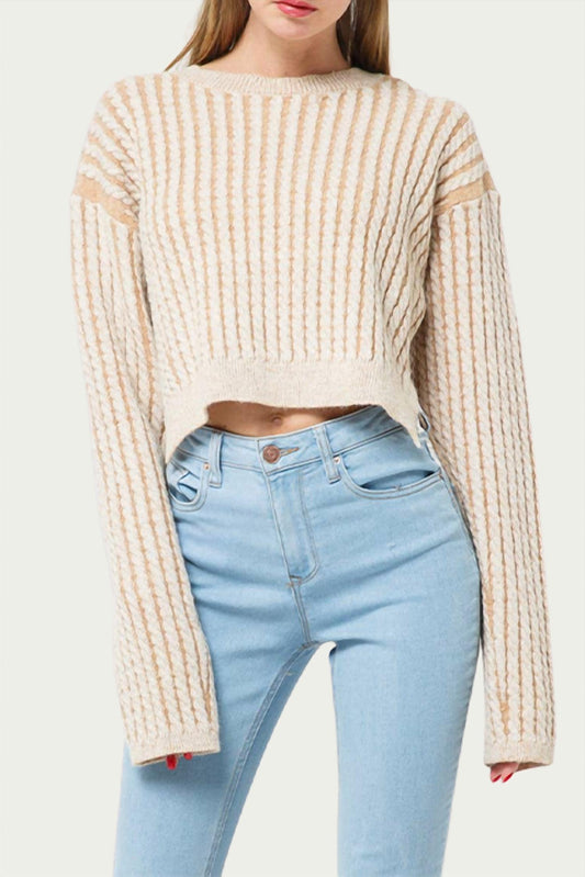 CROPPED CABLE-KNIT STRIPED SWEATER