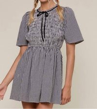 WISHLIST Gingham Smocked Mini Dress in black cream - women's dress - detail view