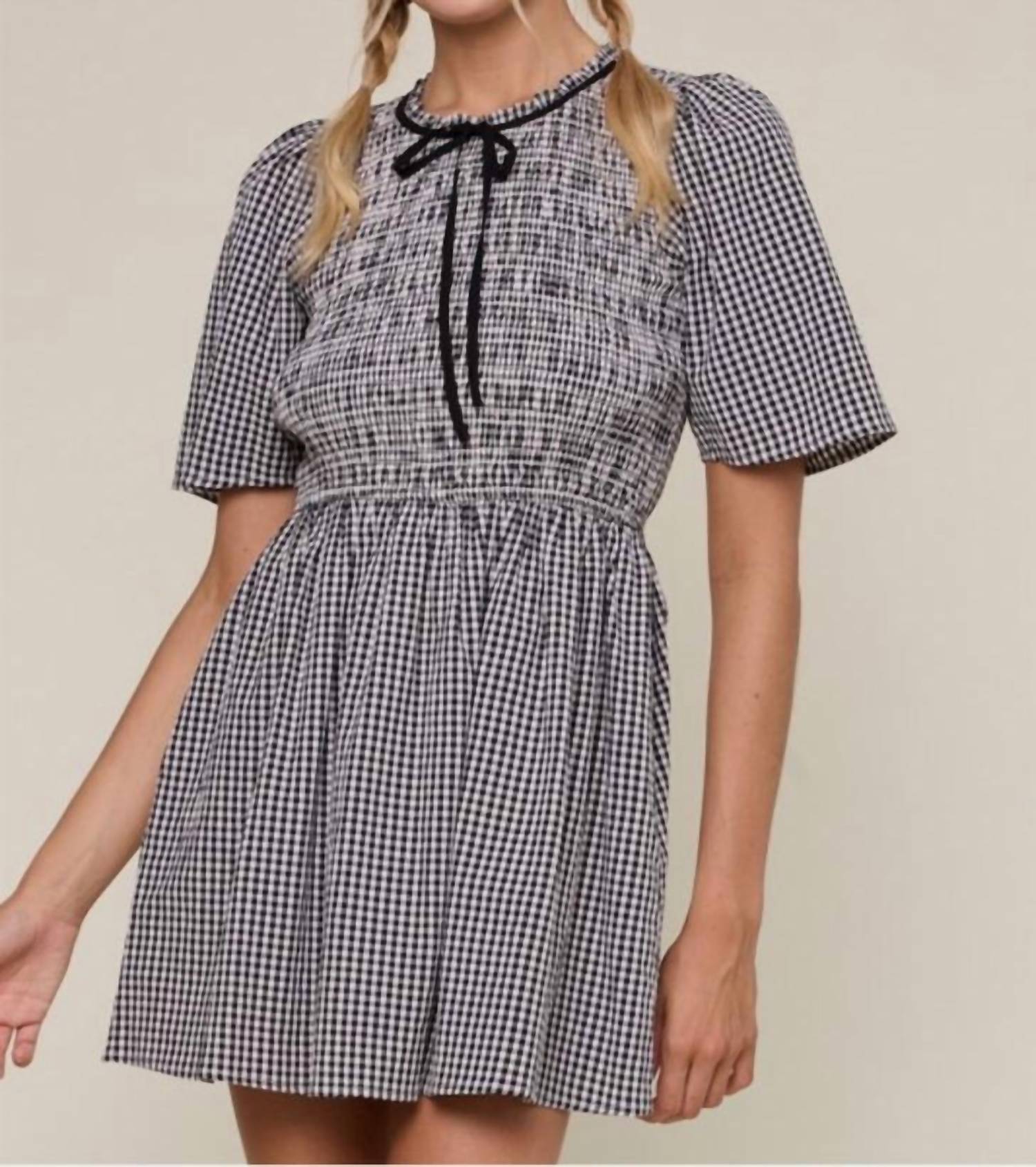 WISHLIST Gingham Smocked Mini Dress in black cream - women's dress - detail view