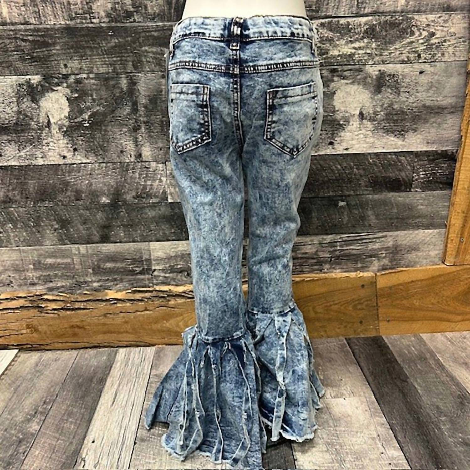 BRATTI MATI Girls Acid Washed Distressed Bell Bottom Jeans in vintage blue - kids' jeans - detail view