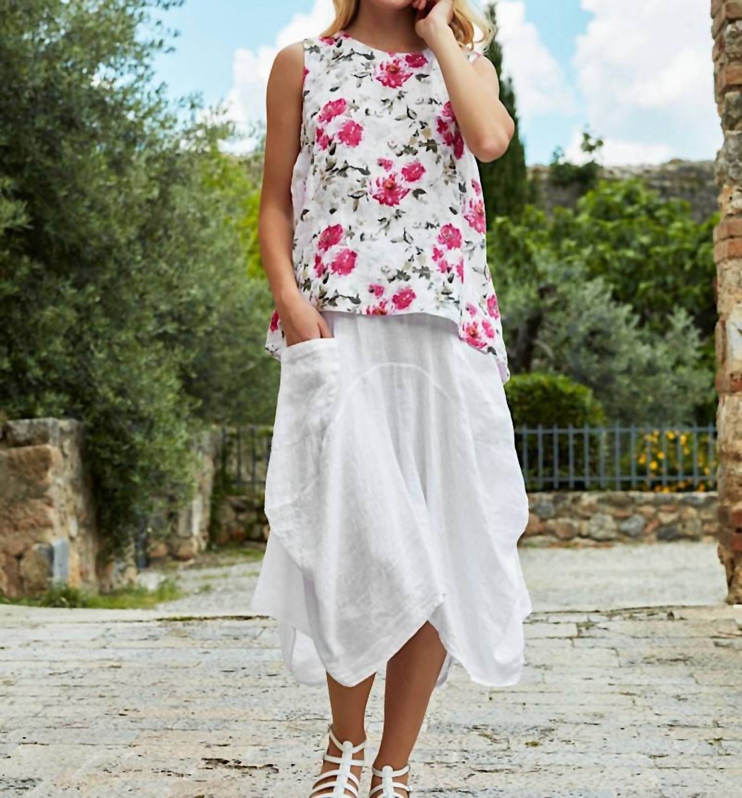 INIZIO Print HiLo Linen Top in pink multi - women's tank top - view 4