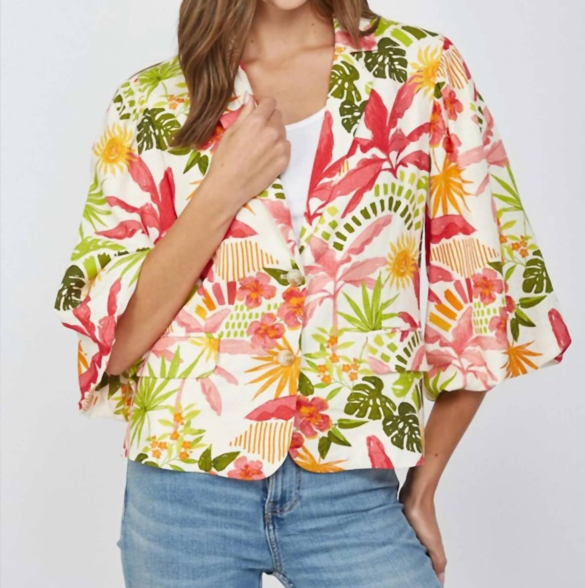 Fate - Tropical Print Cropped Linen Blend Blazer