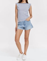 Another Love - Akiko Ruffle Sleeve Striped Boat Neck Ribbed Top