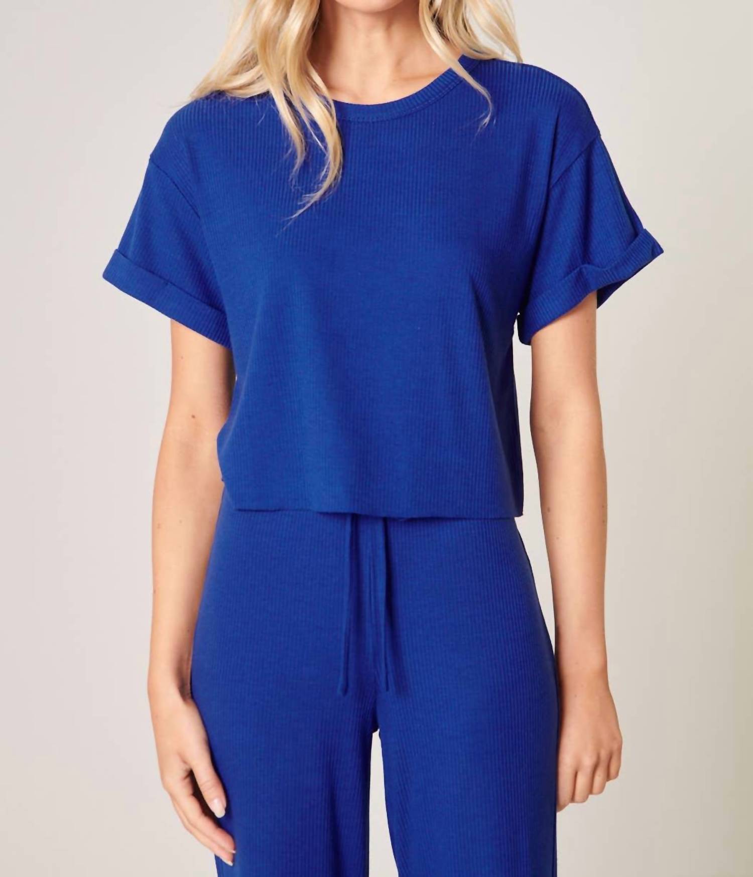 SUGARLIPS Leisure Ribbed Boxy Tee in vivid navy - women's shirt