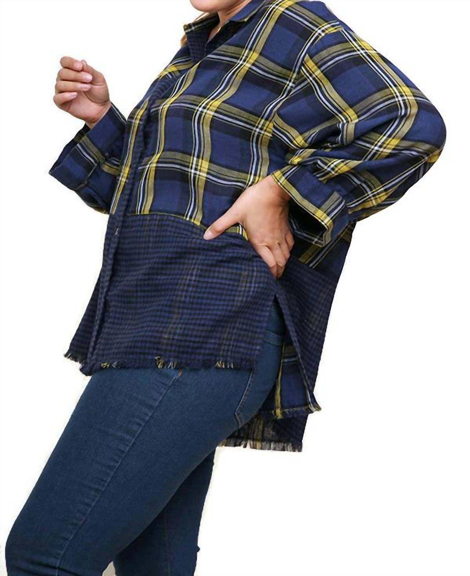 Umgee - Plaid & Checkered Frayed Top