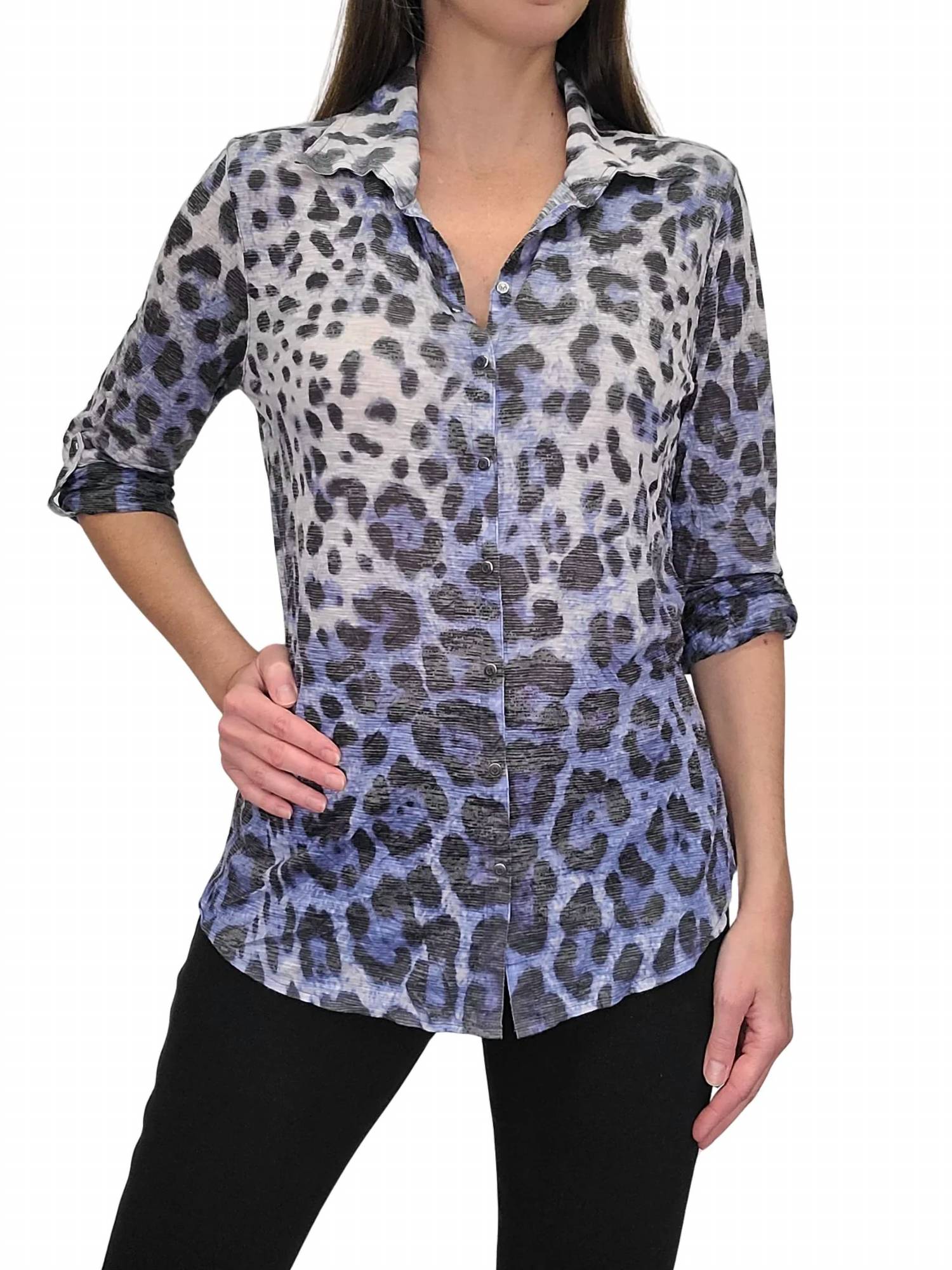 David Cline Crushed Paw Snap Shirt with Roll Sleeves in paw blue - women's long sleeve top
