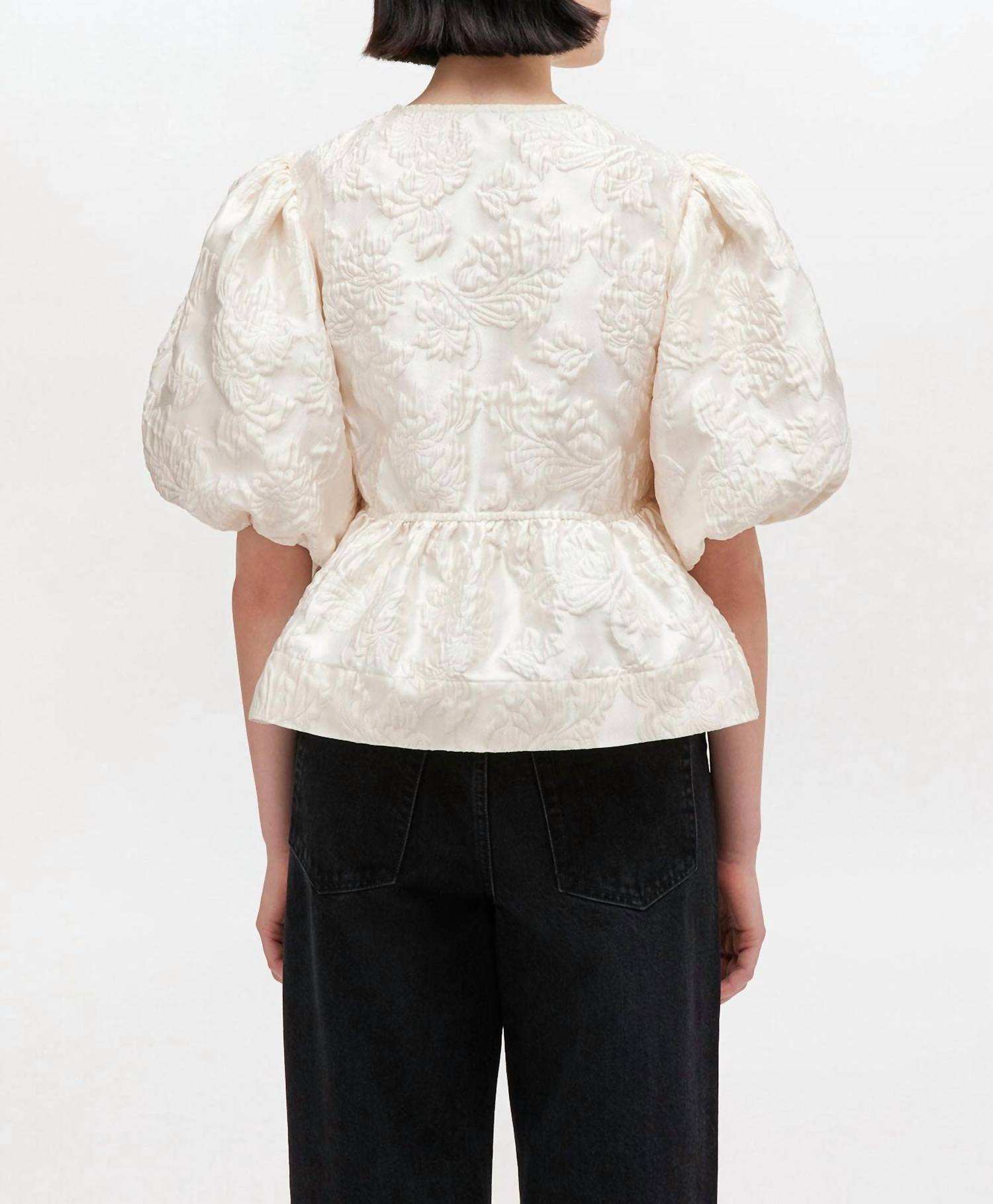 GANNI Satin Cloque Peplum Blouse in egret - women's blouse - detail view