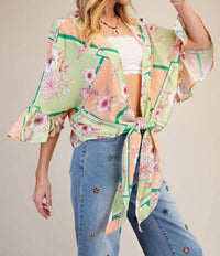 Easel - Floral Peach Blossom Kimono Tie Shrug Top