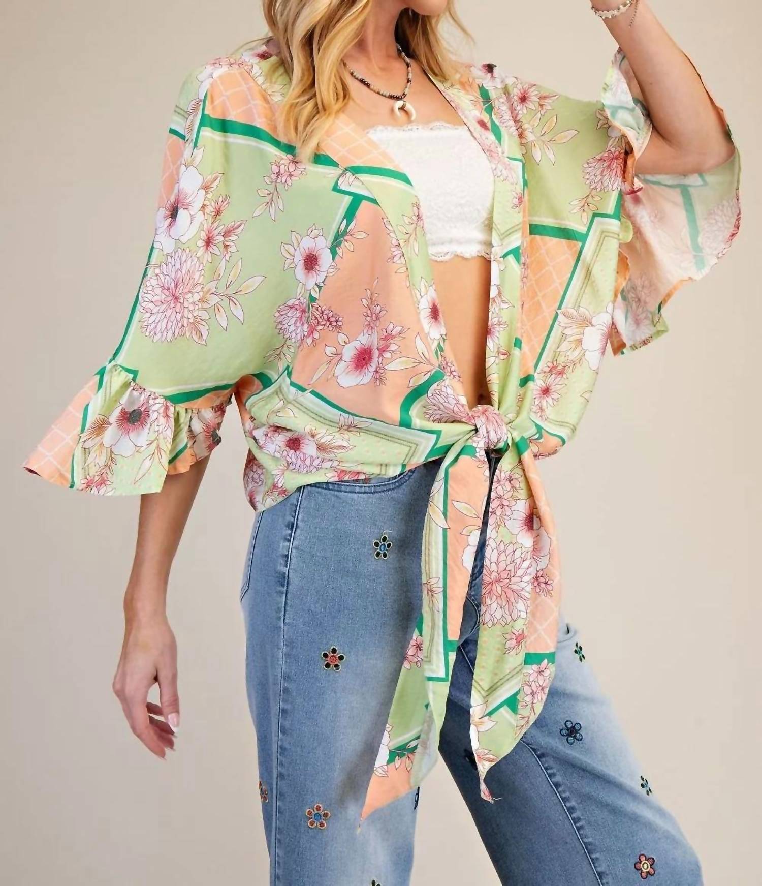 Easel - Floral Peach Blossom Kimono Tie Shrug Top