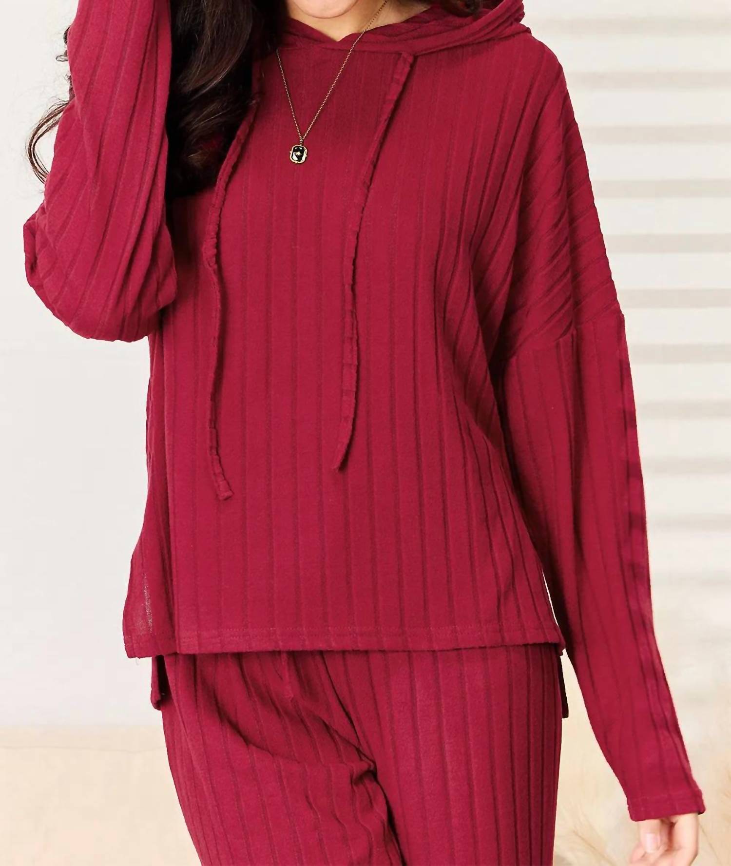 Basic Bae - Full Size Ribbed Drawstring Hooded Top And Straight Pants Set