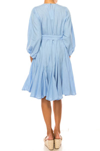 Vivid - Long Sleeve Belted Godet Skirt Flared Dress