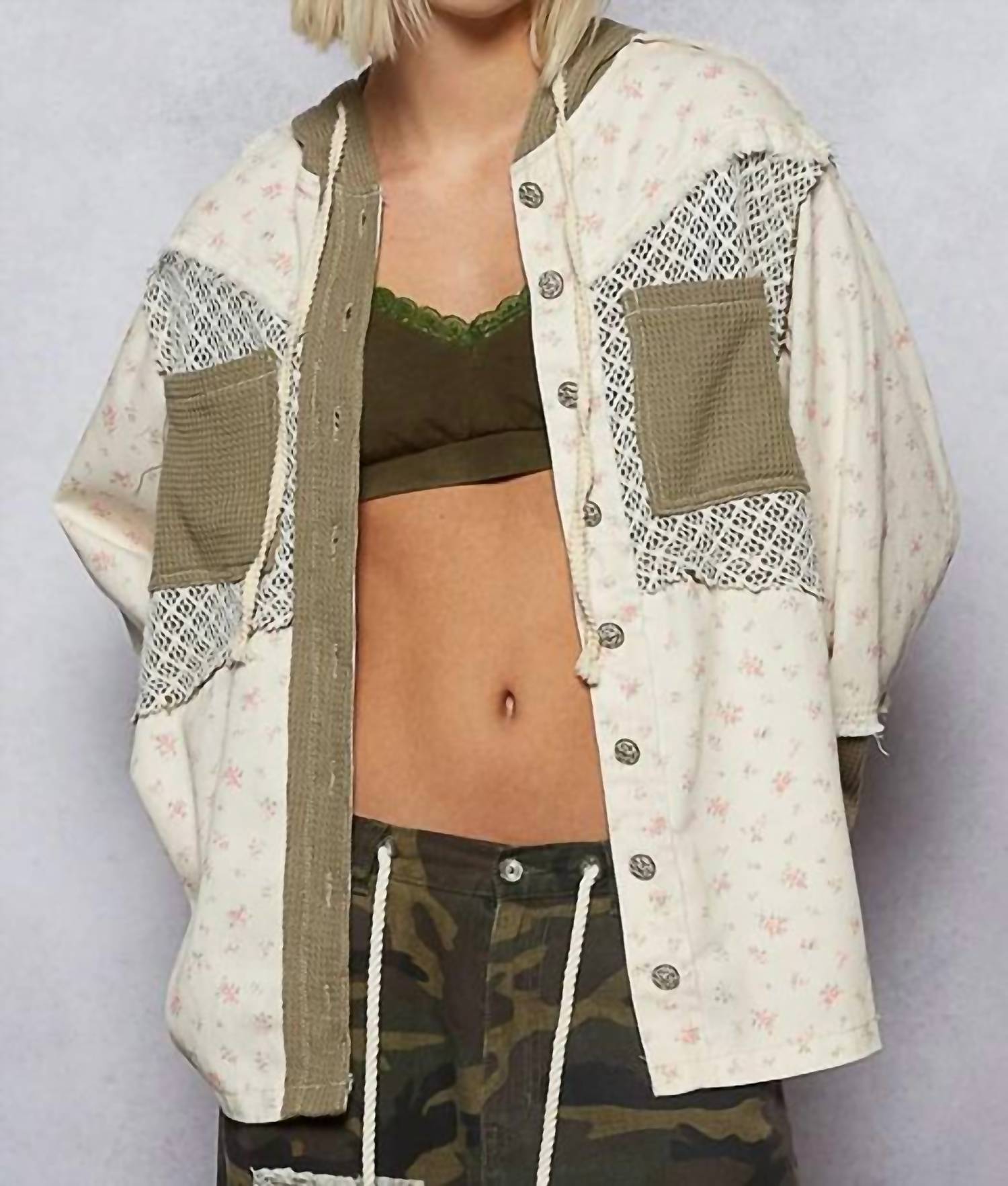 Pol - Balloon Sleeve Frayed Edge Detail Hoodie Jacket