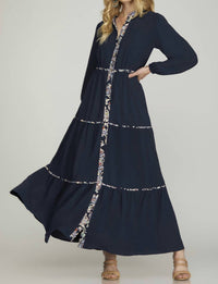She + Sky - Long Sleeve Tiered Maxi Dress With Printed Contrast Button Front