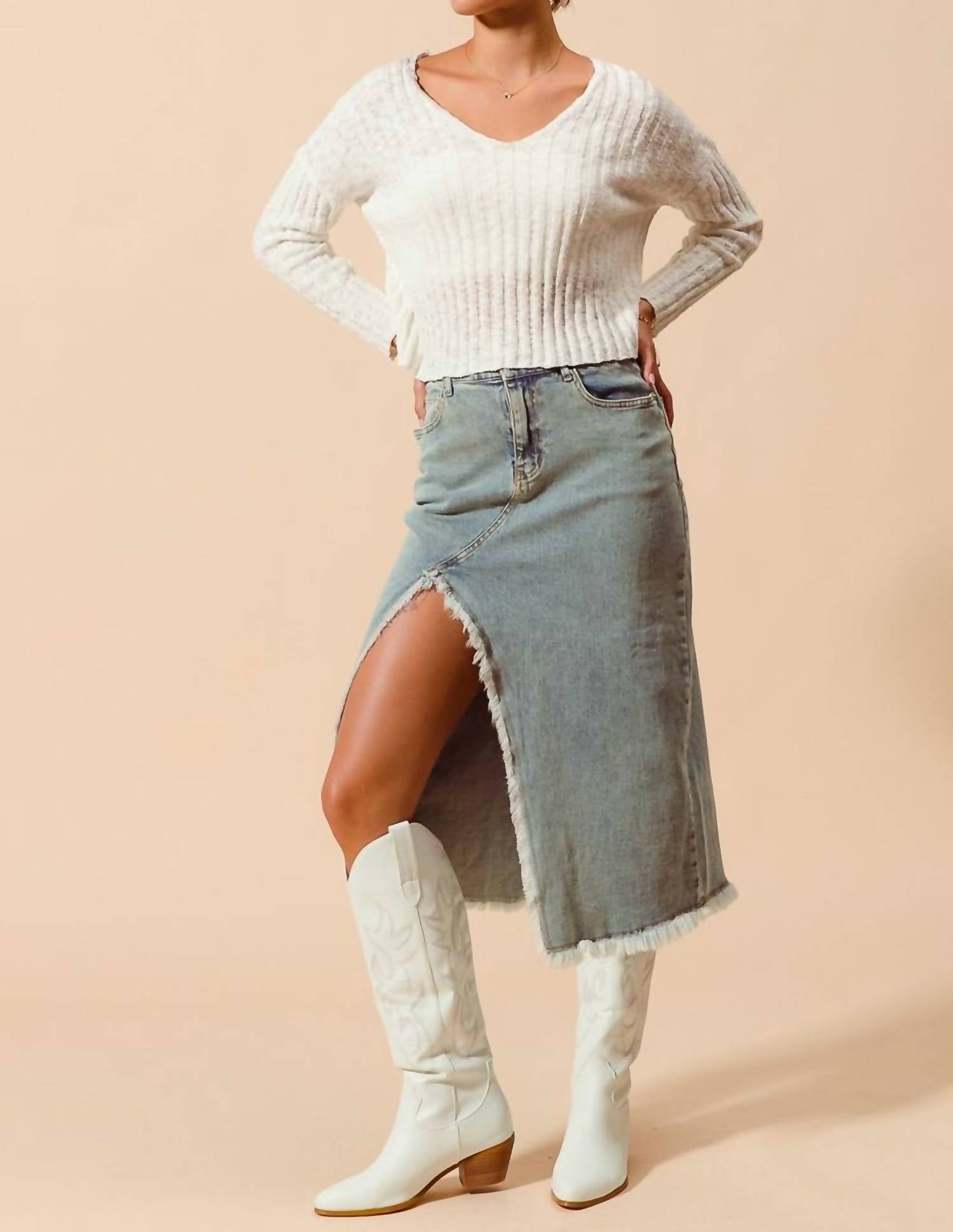 So Me - Midi Denim Front Slit Skirt