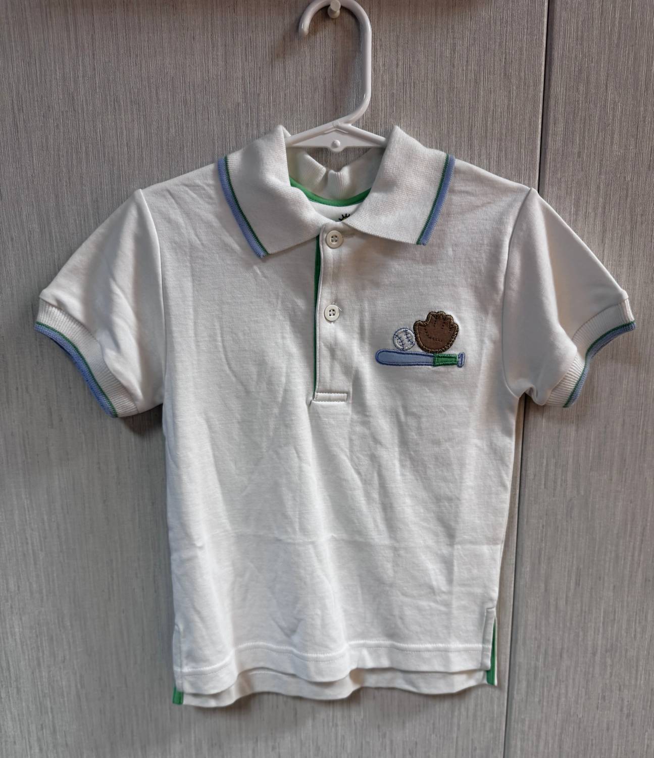 Florence Eiseman Boys' Baseball Polo Shirt in white blue - kids' shirt - detail view