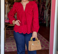 SAIL to SABLE Ruffle Front Top With Tassels in chili pepper - women's blouse - view 5