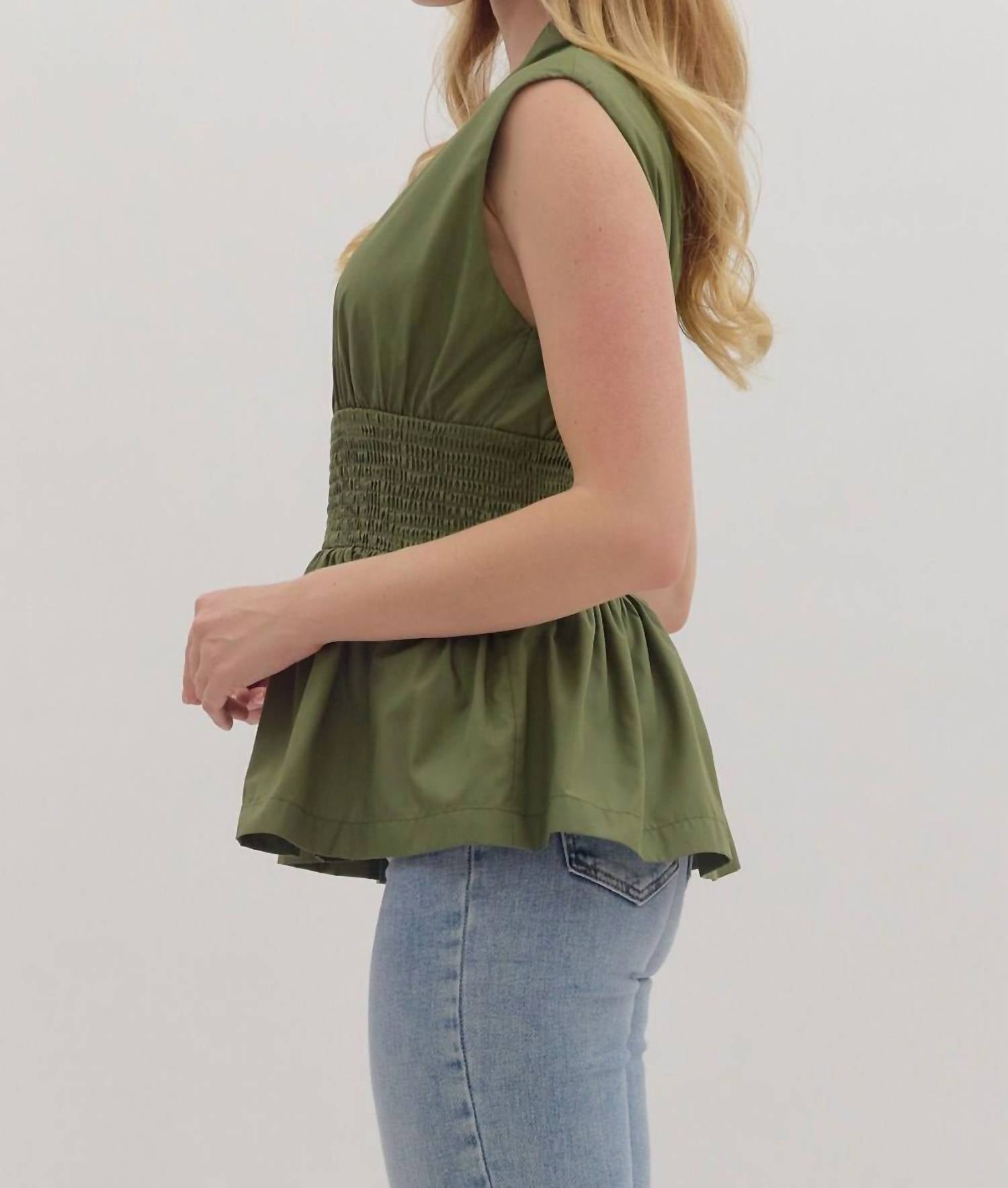 Entro - Sleeveless Smocked Waist Peplum Top