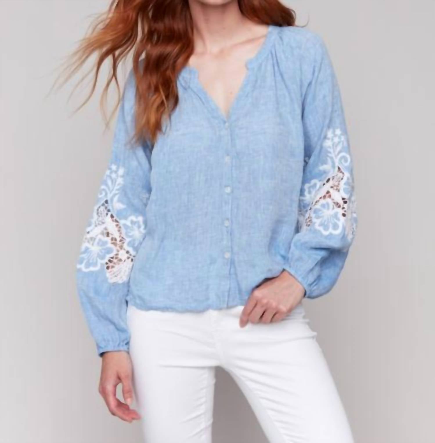 Charlie B - Cotton-linen Button-front Blouse With Embroidery