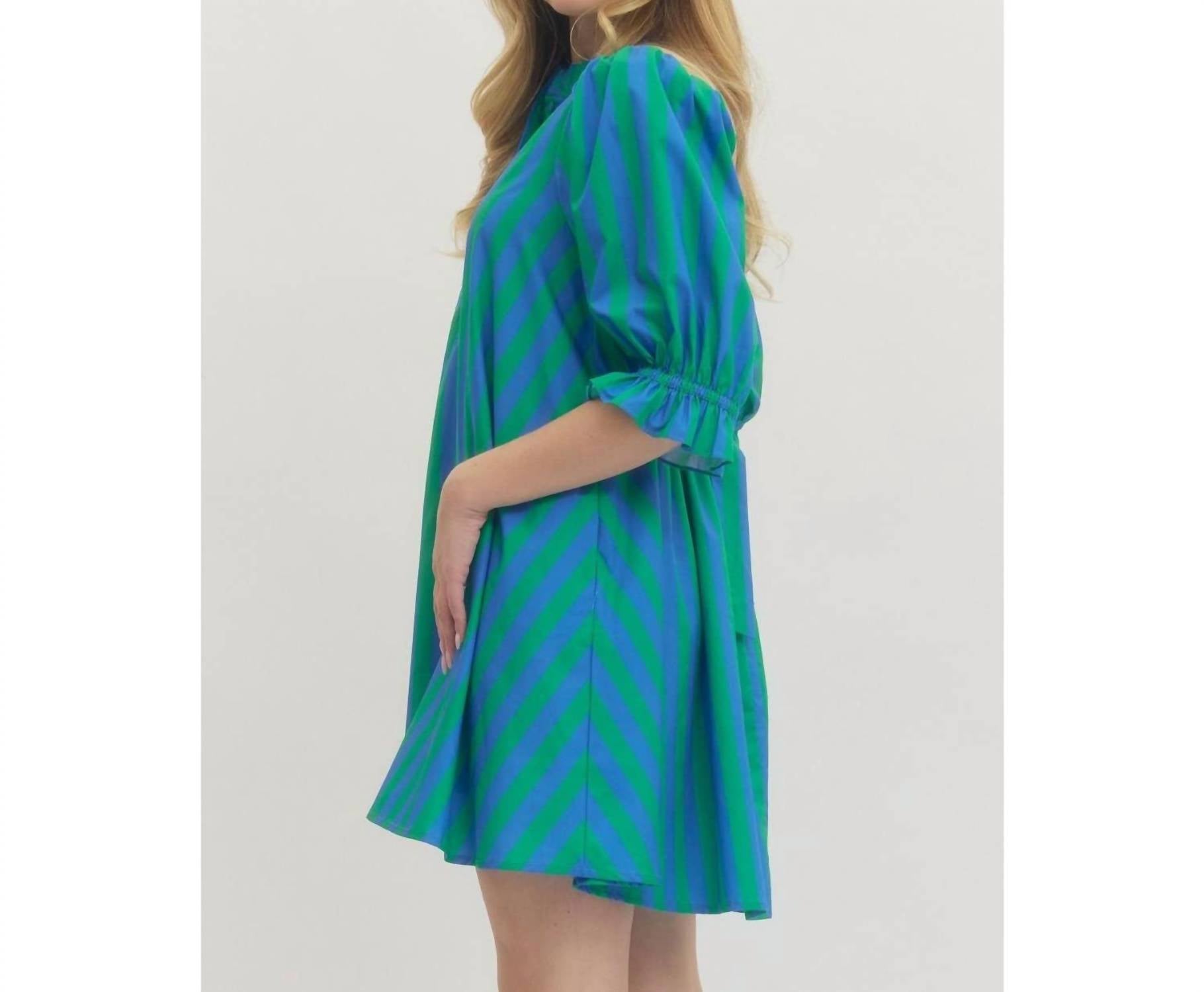 Style USA Striped Puff Sleeve Mini Dress in green - women's dress - alternate view