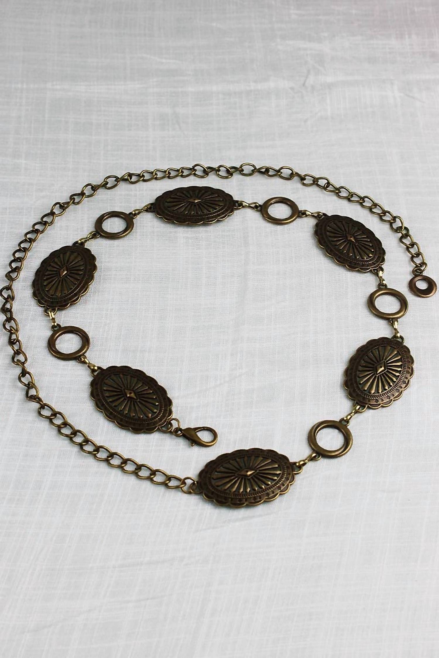 LETO Western Chain Interlocking Oval And O-ring Belt in autique gold - women's accessory