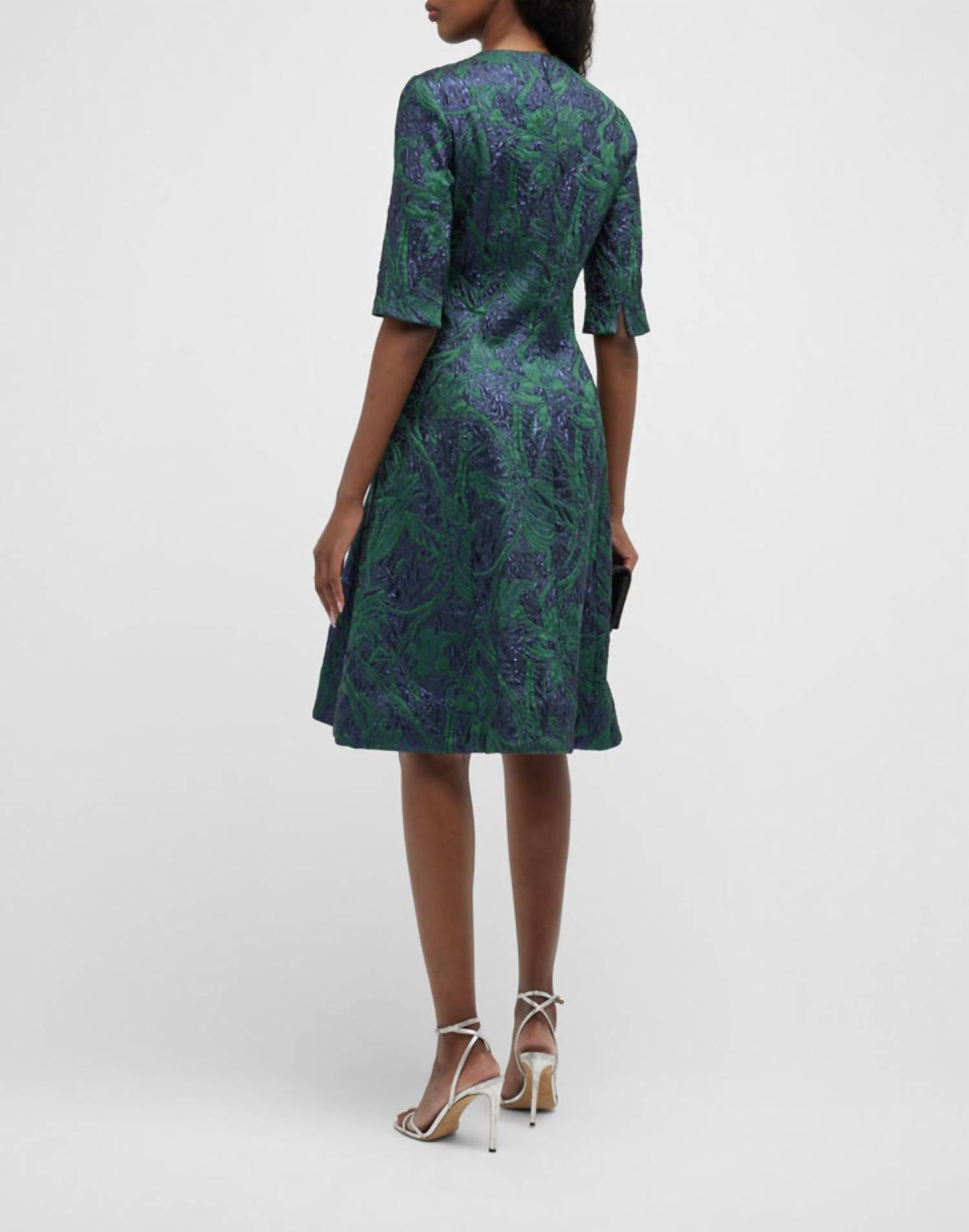 Teri Jon - Floral Jacquard Inverted Pleats Dress